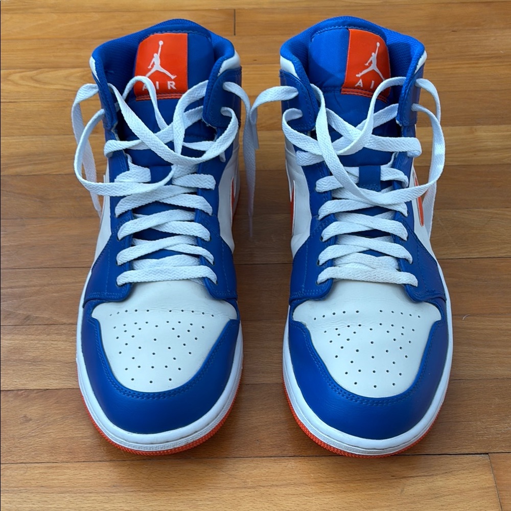 Jordan 1 Mid Kicks Blue and White Classic Sneakers